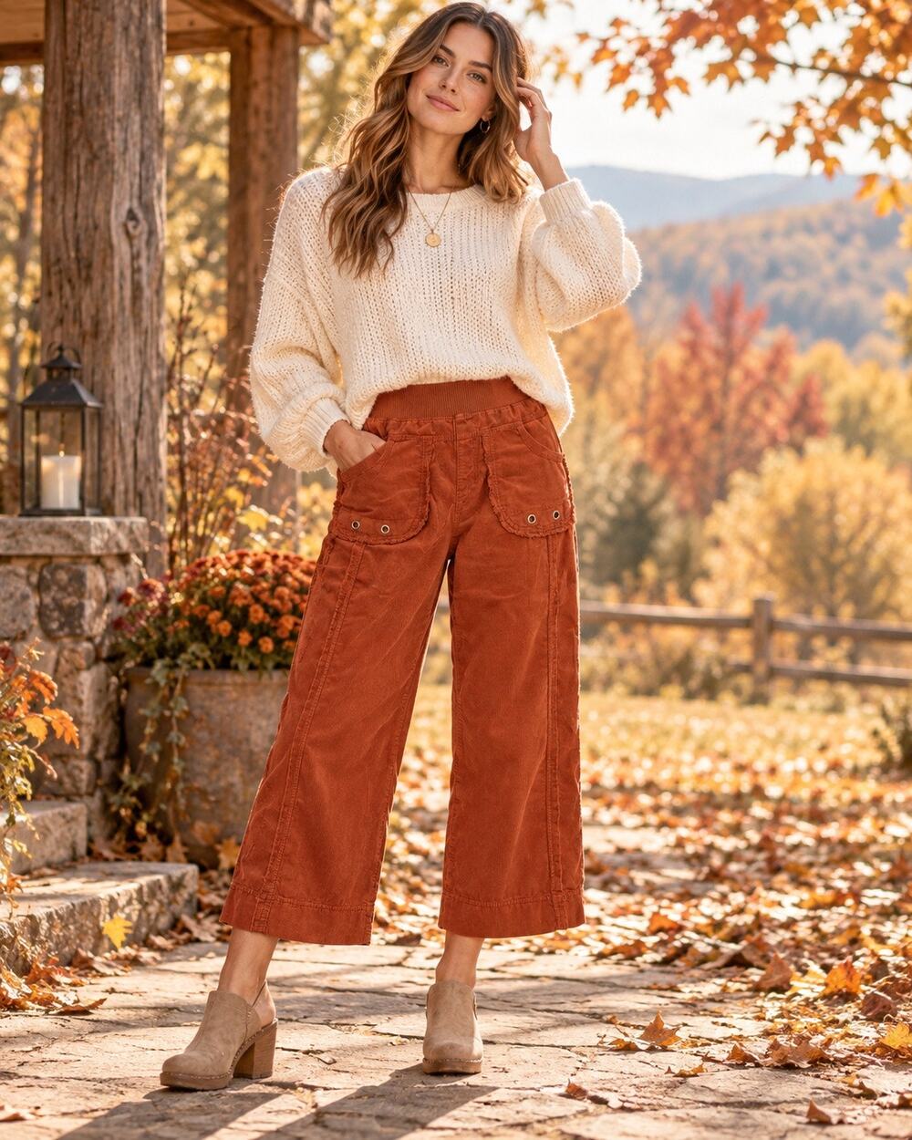 Fall Boho Deconstructed Corduroy Crop Pant Wearables XCVI Trumble Russet Pull On